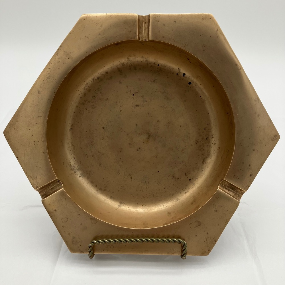 Vintage Brass Ashtray Hexagon 8.5 Inch Gold Mid Century Modern Trinket Dish